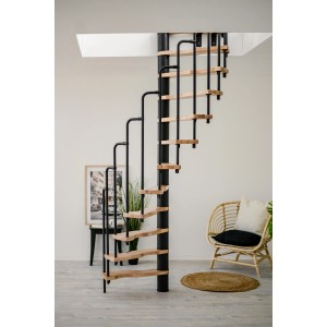 Platzsparende Minka Spindeltreppe Suono aus Buche und Stahl in Schwarz, ideal für kleine Räume.