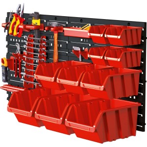 45-teiliges Lagerboxen-Set zur Aufbewahrung von Werkzeug und Kleinteilen an der Wand.