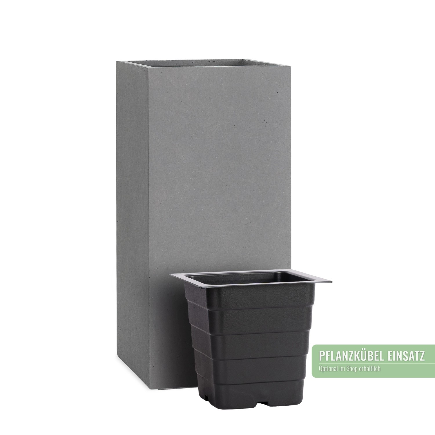 Grauer Pflanzwerk® Tower Pflanzkübel (50x23x23cm) mit schwarzem Pflanzeinsatz.