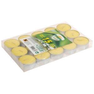 15 gelbe Zitronella Teelichter im transparenten Kunststoffbehälter.