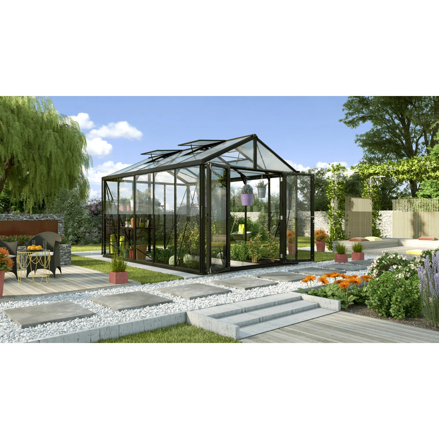 Vitavia Gewächshaus Zeus Comfort 10000, schwarzer Rahmen, 10 m² Fläche im Garten.