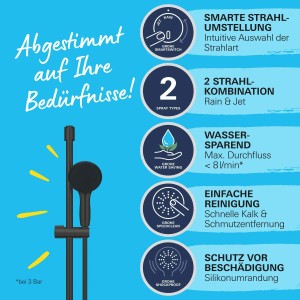 Grohe Vitalio Start 110 Brausestangenset, 900mm, 2 Strahlarten (Rain, Jet), in Schwarz matt.