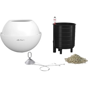 Lechuza Hängeampel Bola Color 23 Weiß, bestehend aus Pflanzgefäß, Bewässerungssystem, Aufhängung und Substrat.