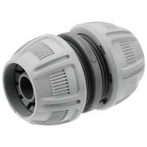 Gardena Reparator für 13 mm (1/2) und 15 mm (5/8) Schläuche, ein Kupplungsstück aus grauem Kunststoff.