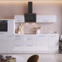 Respekta Premium Küchenzeile RP310HWW42060BS, 310 cm, Hochglanz Weiß mit Elektrogeräten im Blacksteel-Design.