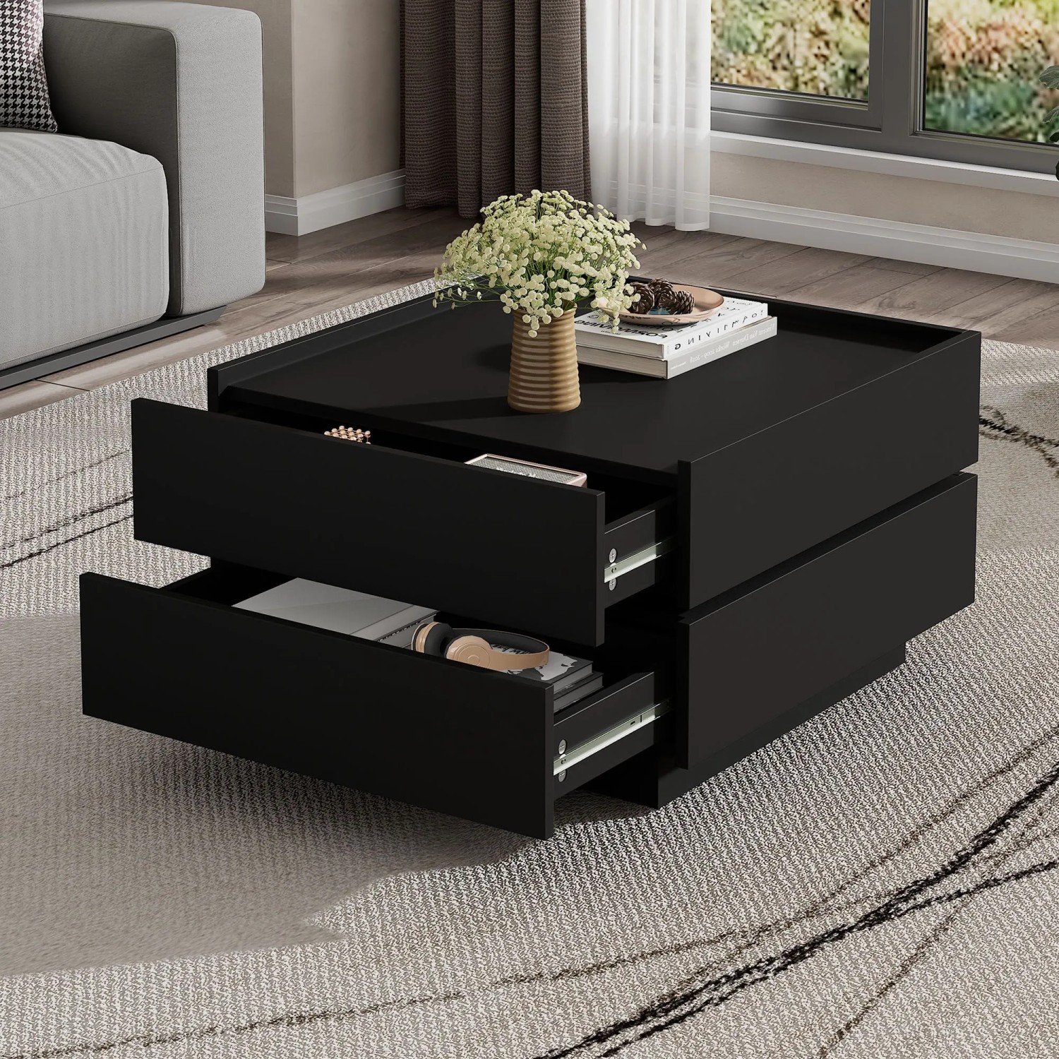 okwish Couchtisch mit Drehfunktion Stauraum Wohnzimmer 60x60x38cm Schwarz_4