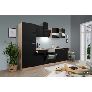 Respekta Küchenzeile KB270ESSCGKE, 270 cm, Schwarz/Eiche Sägerau Nachbildung mit E-Geräten.