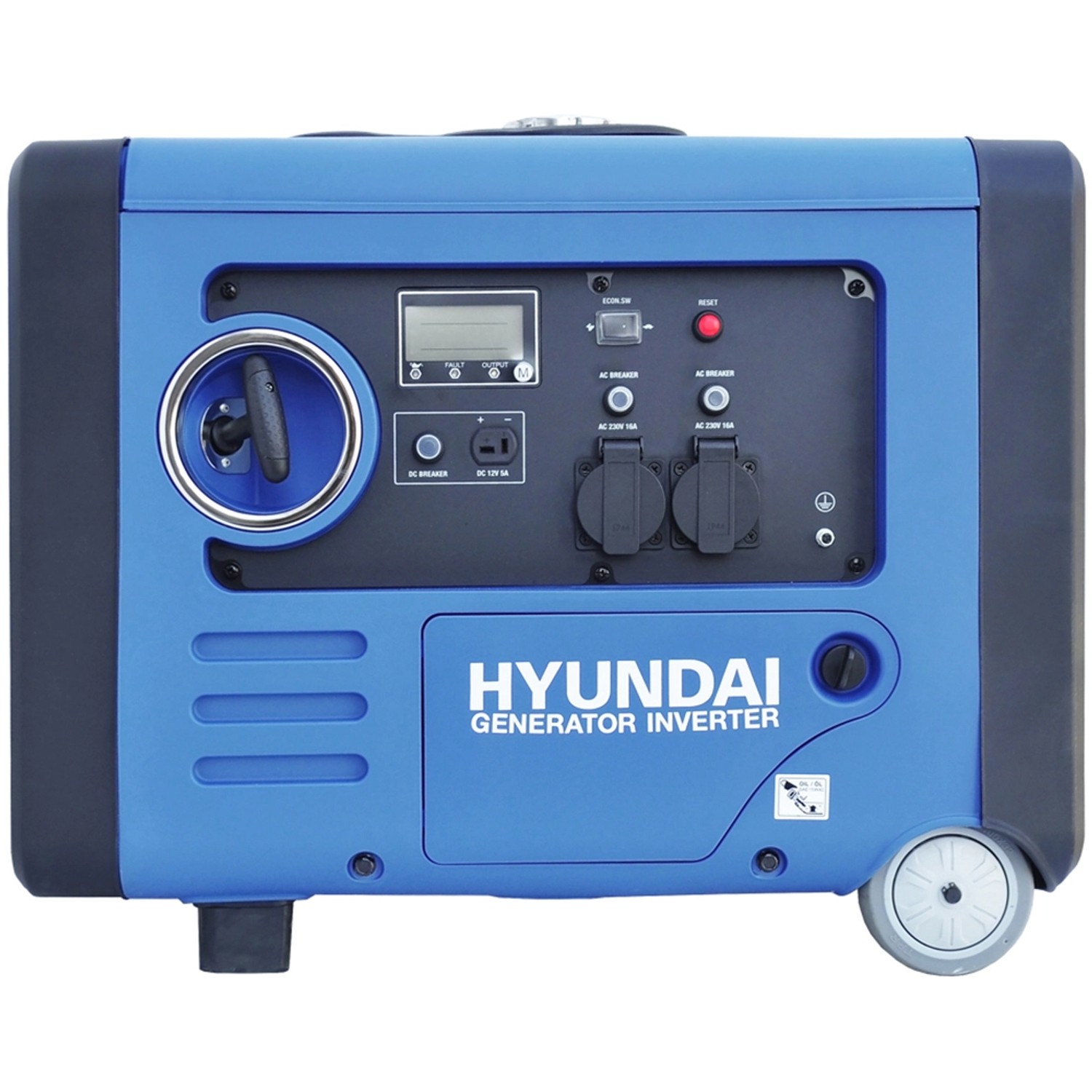Blauer Hyundai Inverter-Generator HY4500SEi D mit Rädern und E-Start.