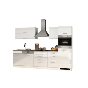 Moderne, weiße Küchenzeile Mailand 300 cm mit E-Geräten und hochglänzenden Fronten.