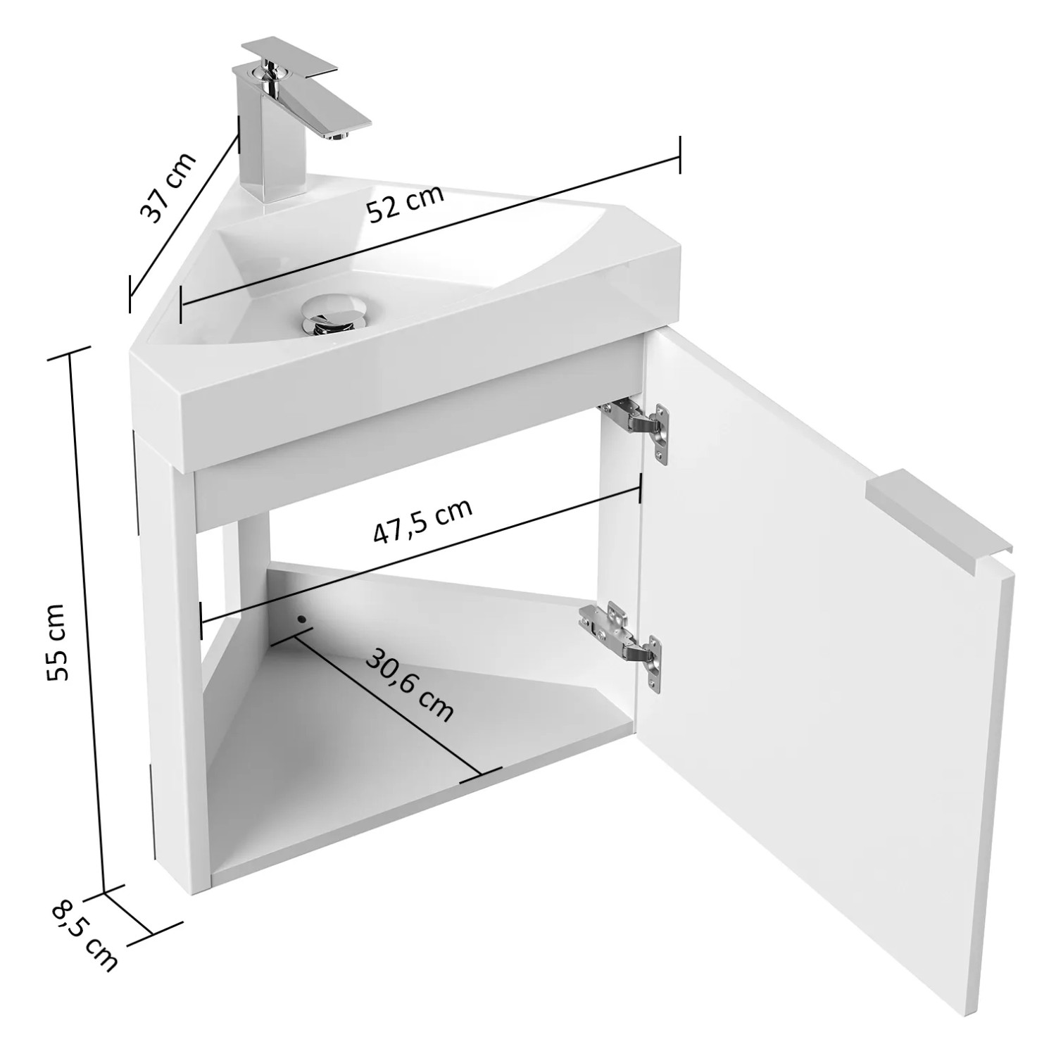 Posseik Eckbadmöbel Delta Slimline in Grafit mit offenem Schrank und Waschbecken.