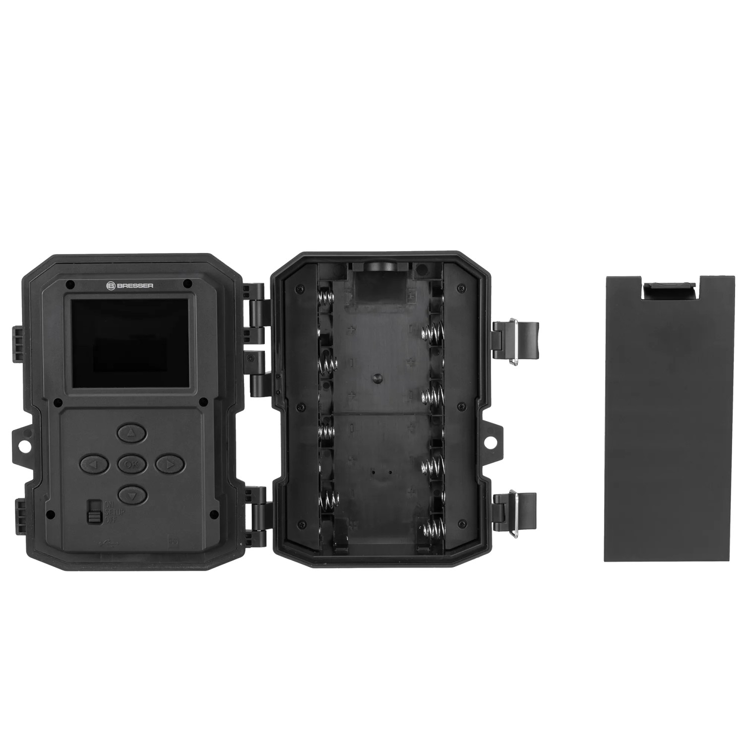 Offene Bresser Wildkamera, 5-20 MP, mit Batteriefach und separatem Batteriedeckel in Schwarz.