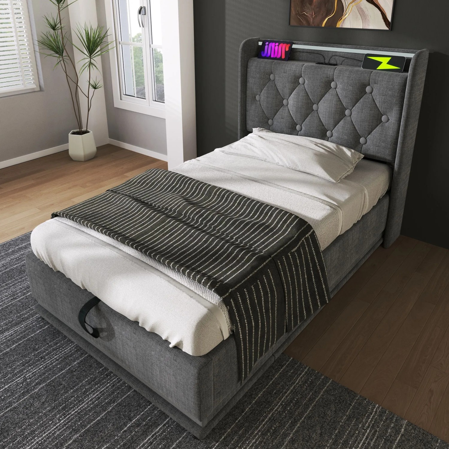 okwish Polsterbett 90x200cm mit LED USB C Einzelbett Grau mit Matratze_3