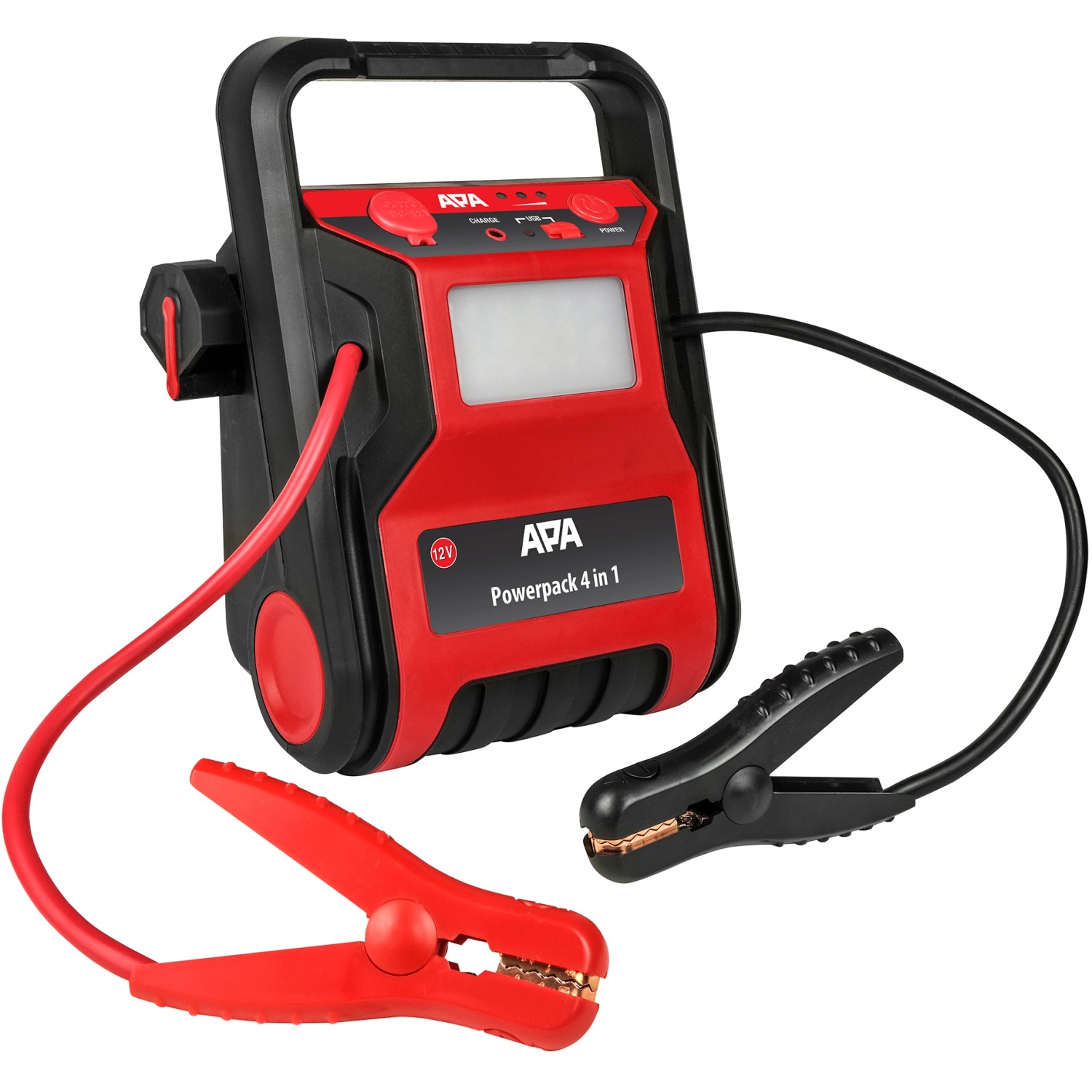 APA Starthilfe Powerpack 300 A mit Kompressor, 12V Steckdose, USB-Anschluss und LED-Arbeitsleuchte.