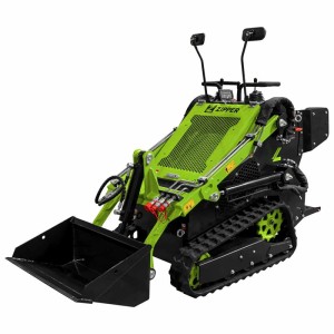 Zipper Minikompaktlader ZI-MKL620 in Grün-Schwarz mit Schaufel und Kettenantrieb für Baustellen.