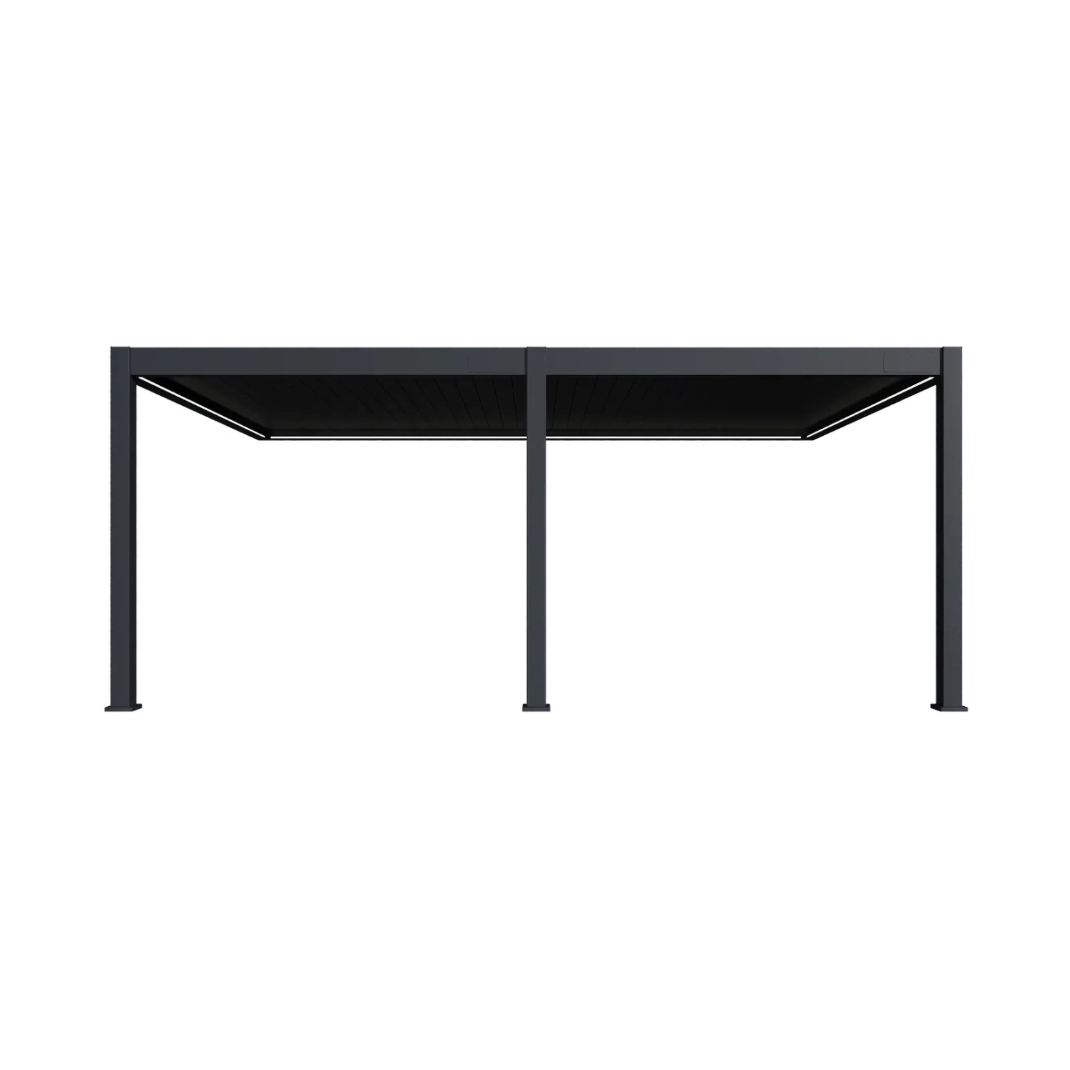 Anthrazitfarbene Weide Deluxe Plus Wandpergola mit elektrischem Lamellendach und integrierter LED-Beleuchtung, 4x6m.