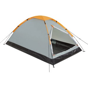 3 Personen Kuppelzelt in Grau/Orange mit offenem Eingang für Camping & Outdoor.