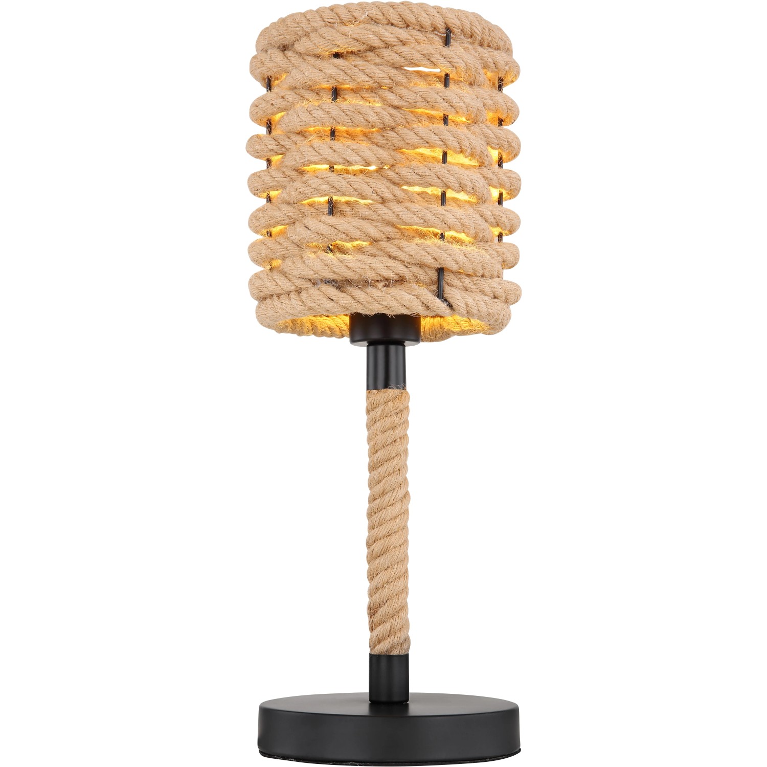 Globo Tischleuchte Halia, schwarz matt, mit Hanfseil-Schirm. Design-Tischlampe für Wohnräume.