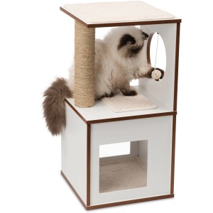 Weißer Vesper Kratzbaum Box Small mit Katze, Kratzstamm und Spielzeug.
