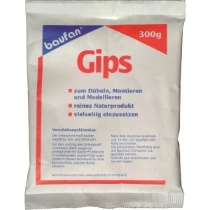 Baufan Gips 300g im weißen Beutel, geeignet zum Spachteln, Füllen und Modellieren.