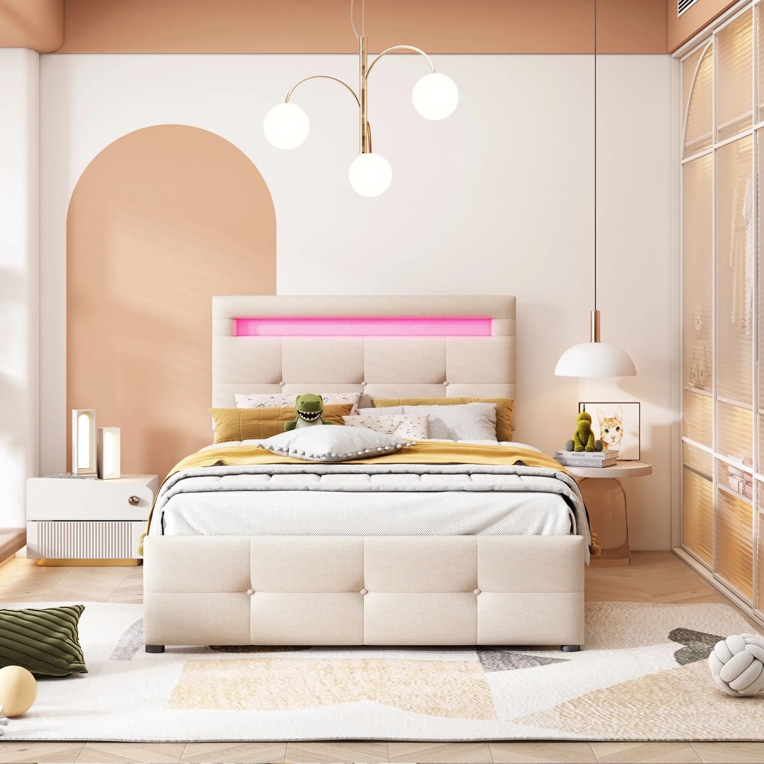 okwish Polsterbett 90x200cm mit LED Leuchten Kinderzimmer Beige ohne Matratze_6