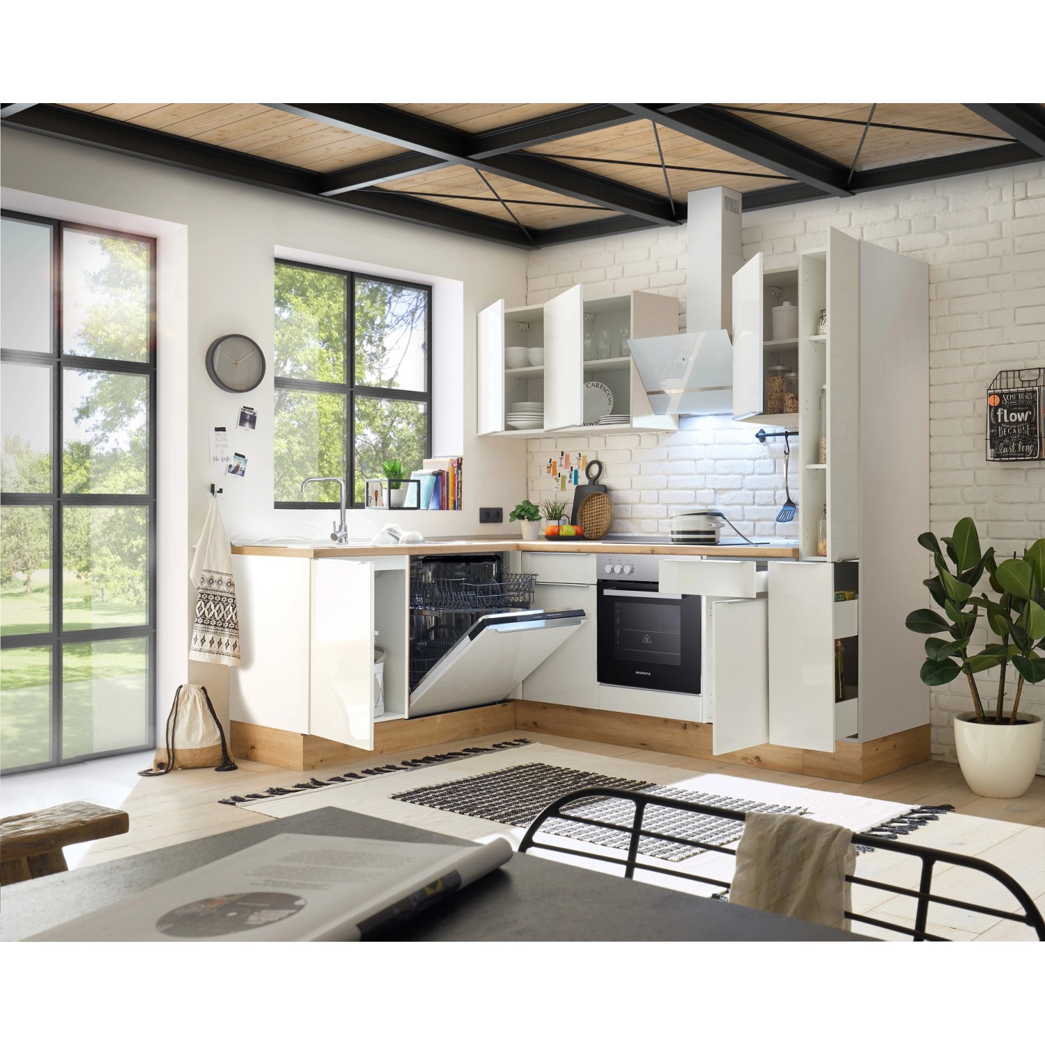 Respekta Winkelküche Marleen in Artisan-Eiche und Weiß mit E-Geräten und geöffnetem Geschirrspüler.