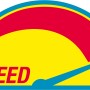 Symbol für Geschwindigkeit. Gelber Hintergrund, roter Halbkreis, blauer Zeiger und Schriftzug SPEED.