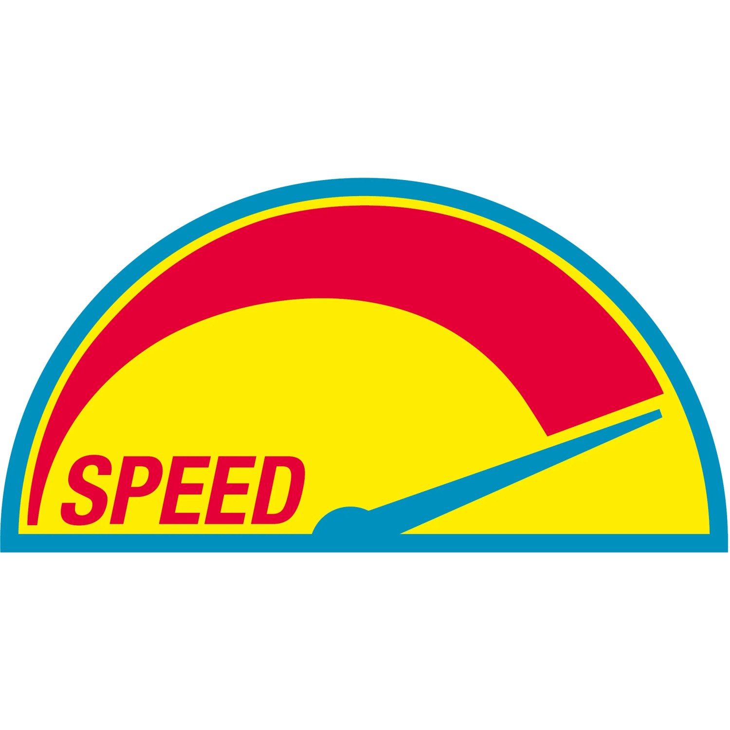 Symbol für Geschwindigkeit. Gelber Hintergrund, roter Halbkreis, blauer Zeiger und Schriftzug SPEED.