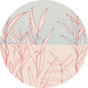 Runde, selbstklebende Vliesfototapete Dot Grassland von Komar mit Gräsern in Rosa und Beige.