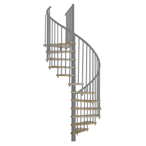 Graue Minka Spindeltreppe Spiral Effect mit Eiche Stufen, Durchmesser 120 cm.