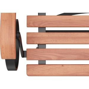 Detailansicht: Klappbank Montgomery aus Akazie und Eisen, geölt, in Schwarz. Gartenbank mit Holzlatten und Armlehne.