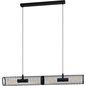 Schwarze, 4-flammige Eglo Pendelleuchte Redcliffe mit Streckgitter-Zylinder, 108 cm breit.
