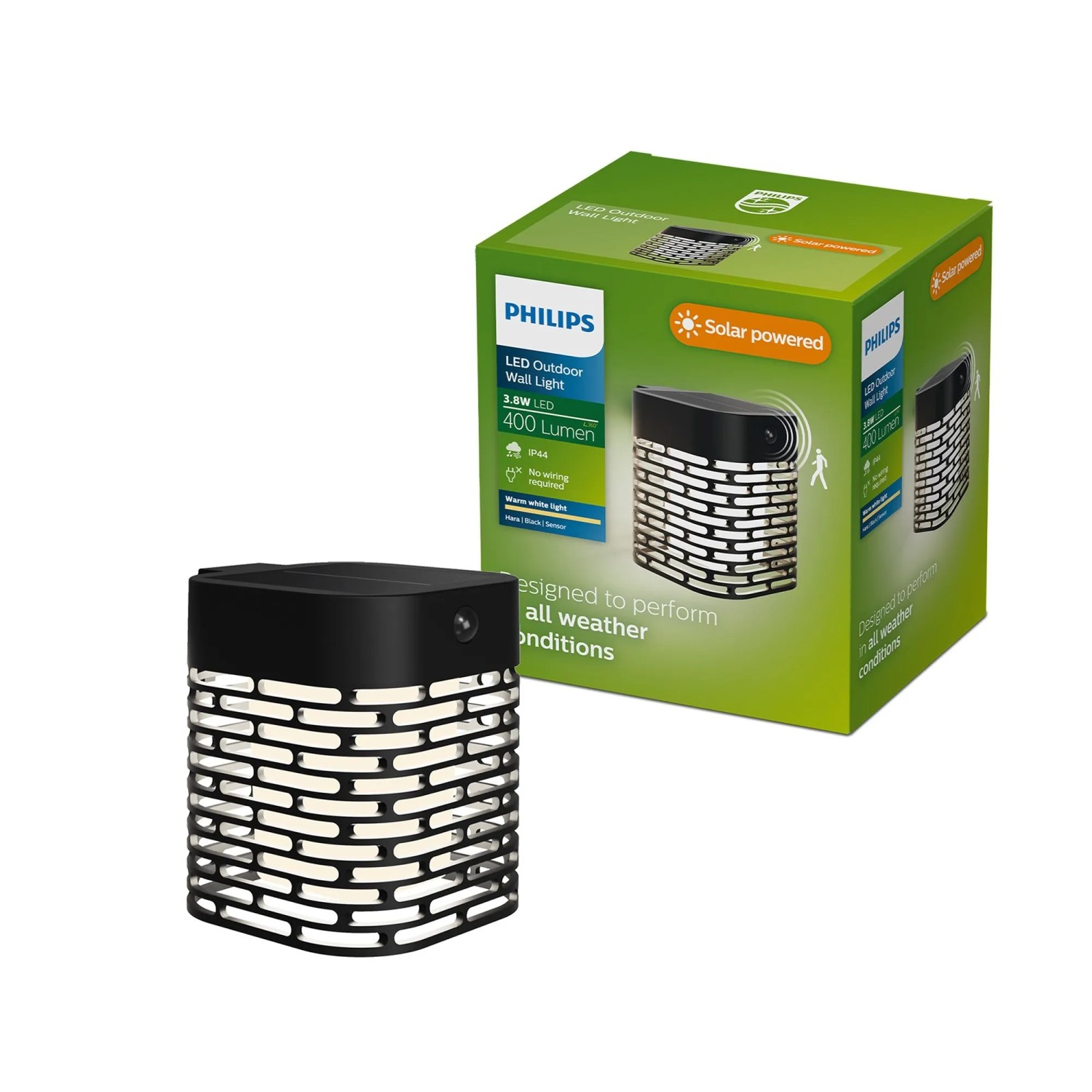 Schwarze Philips Solar-Außenwandleuchte Hara mit Bewegungssensor und warmweißem Licht.