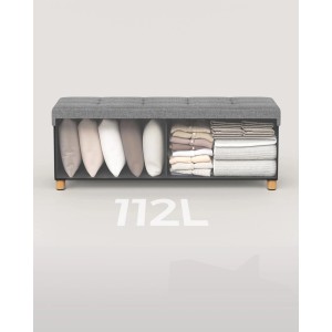 Graue Songmics Sitzbank Melisa mit Stauraum (112L), klappbar, 38x110 cm. Sitzhocker mit Leinenimitat.