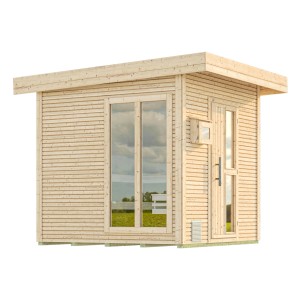Weka Design Saunahaus Kuopio 1 aus naturbelassenem Holz mit Fenster und Tür.
