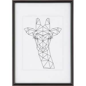 Schwarzer Kunststoff Bilderrahmen (21x29,7 cm) mit Passepartout und geometrischem Giraffen-Motiv.
