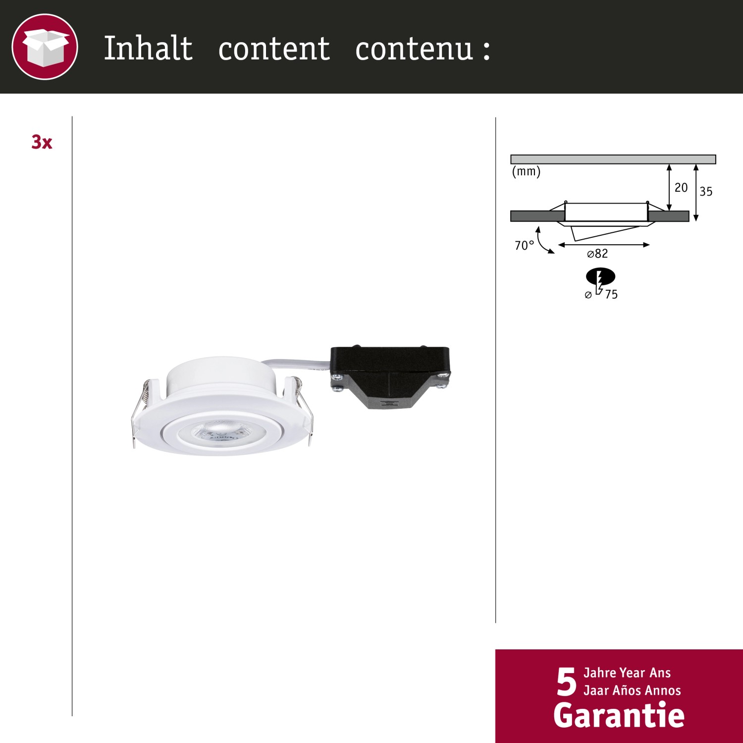 Paulmann LED-Einbaustrahler 3er Set, weiß, schwenkbar, mit Maßangaben und Garantiehinweis.