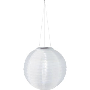Weiße Solar-Laterne (Ø 30 cm) aus Textil mit LED und Aufhängevorrichtung für den Garten.