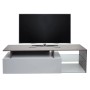 Modernes TV-Rack aus Holz in Beton-Optik und Weiß mit Staufach, offenen Ablagen und TV. 47x170x40cm.