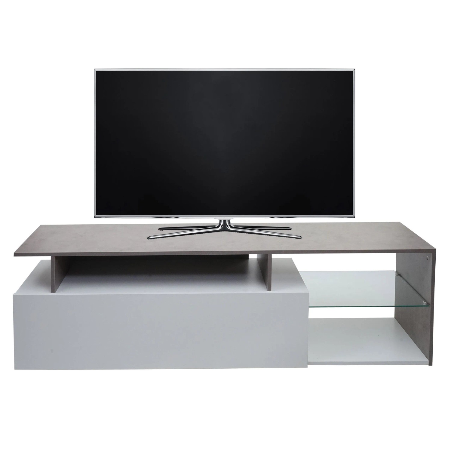 Modernes TV-Rack aus Holz in Beton-Optik und Weiß mit Staufach, offenen Ablagen und TV. 47x170x40cm.