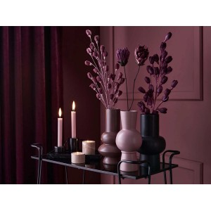 Dekorative Trockenblumen Lilie Midnight Mystery in Lila-Schwarz in Vasen auf einem Tisch.