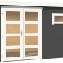 Modernes, carbongraues Lasita Holz-Gartenhaus Augusta mit Doppeltür und Fenster.