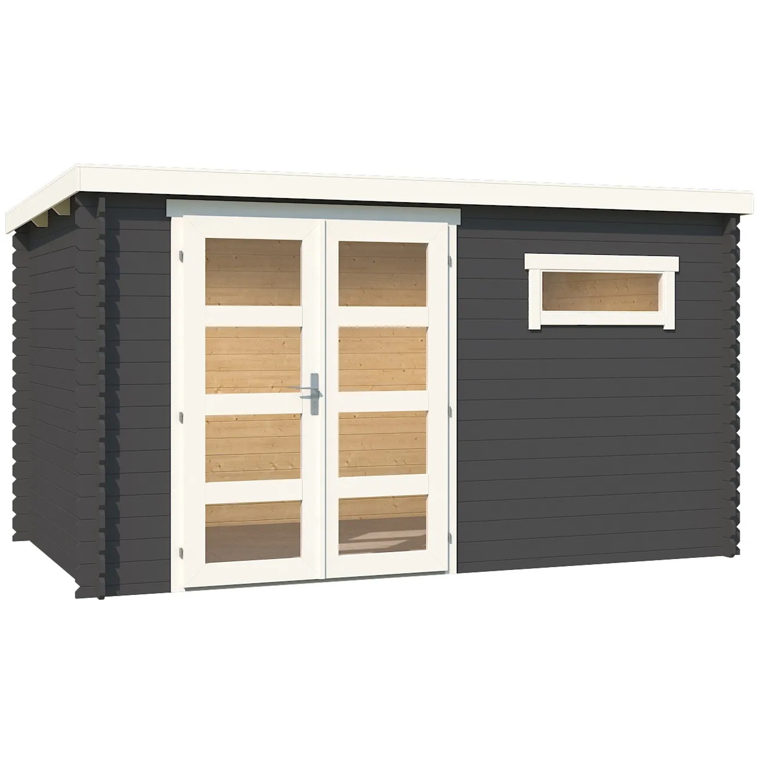 Modernes, carbongraues Lasita Holz-Gartenhaus Augusta mit Doppeltür und Fenster.