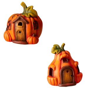Zwei orangefarbene Terrakotta Kürbisfiguren mit LED-Beleuchtung, als Häuser gestaltet. Perfekt für Herbst- & Halloween-Deko.