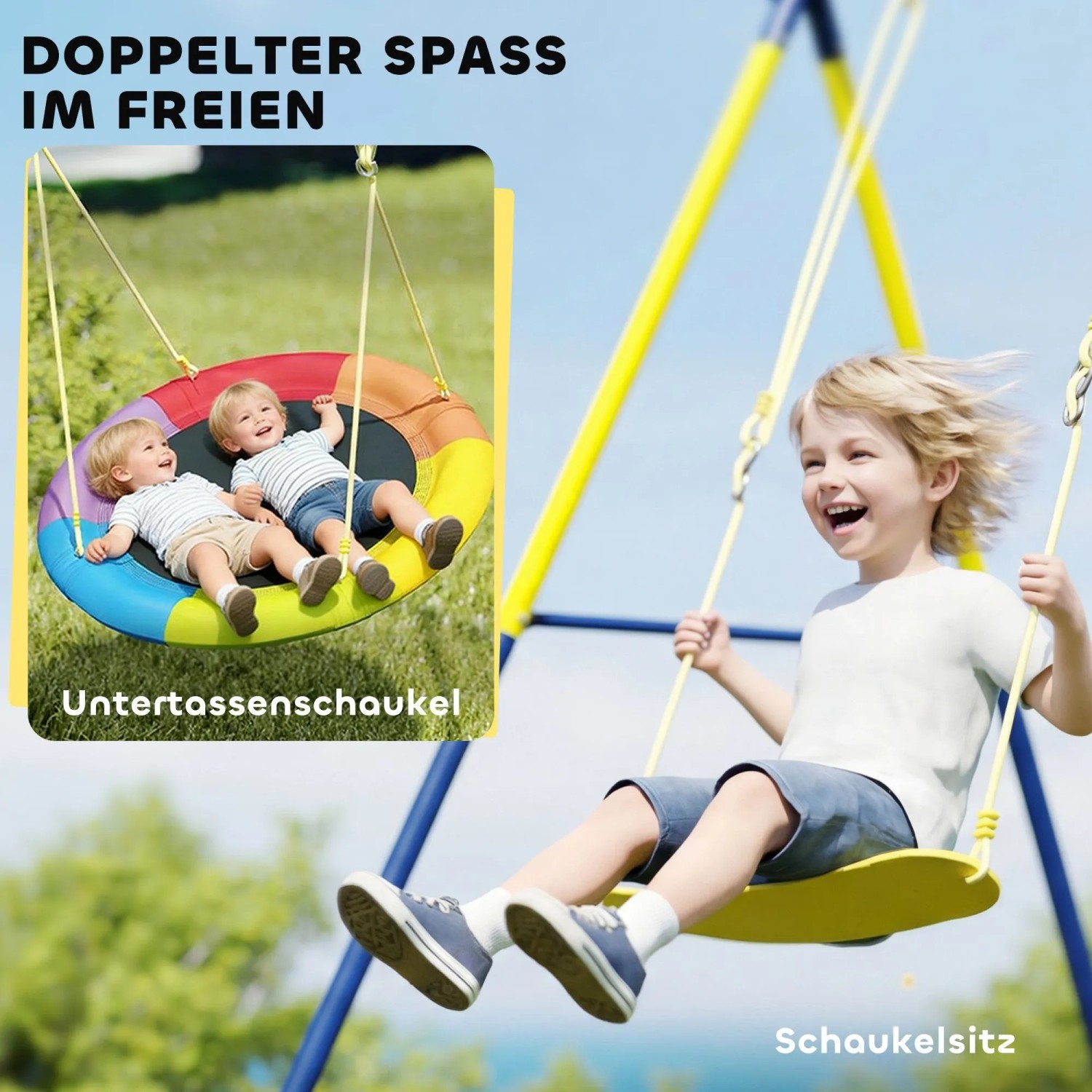 Kinder spielen auf AIYAPLAY Schaukelgestell aus Stahl mit bunter Nestschaukel und gelbem Schaukelsitz im Garten.