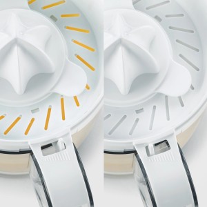 Severin Citruspresse CP 3535, Detailansicht des Presskegels und Saftbehälters.