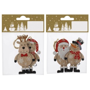 Holzhänger 2er-Set, 8 cm, Weihnachtsdekoration mit Bär, Elch, Weihnachtsmann und Schneemann.