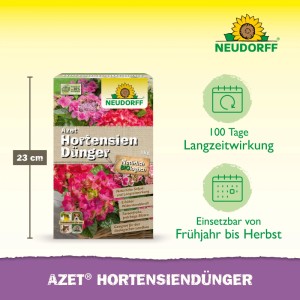 Neudorff Azet Hortensien-Dünger 1 kg Packung mit pinken Hortensien. Für prächtige Blüten, 100 Tage Langzeitwirkung.