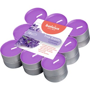 Bolsius Duftteelichter True Scents, 18er-Pack Lavendel, lila Wachs in silberner Hülle.