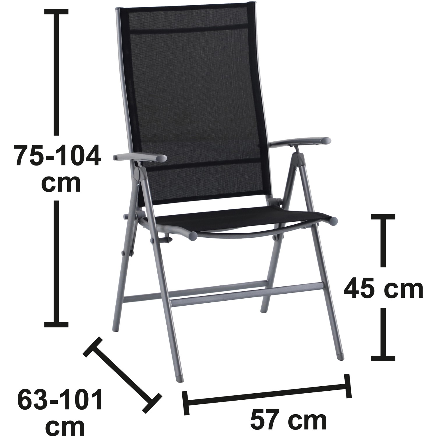 Gartenstuhl der 3-tlg. Sitzgruppe Suriname: Stahlgestell silber, Textilbespannung schwarz, verstellbare Rückenlehne.