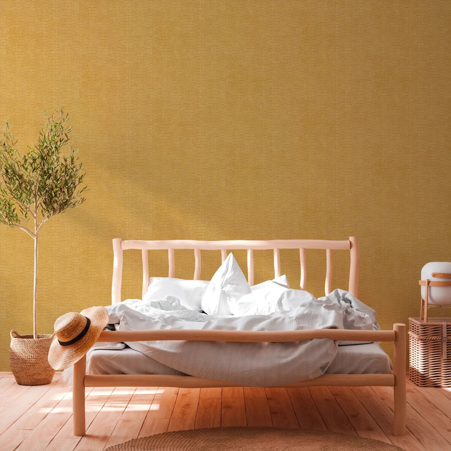 Gelbe Vliestapete mit organischem Muster, glänzend und strukturiert im Schlafzimmer.